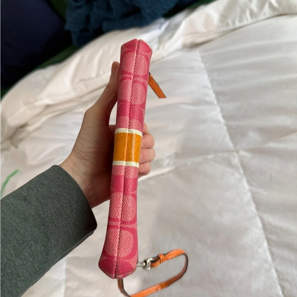 Coach Signature Stripe Double Zip Wristlet | Orange and Pink - Picture 7 of 15